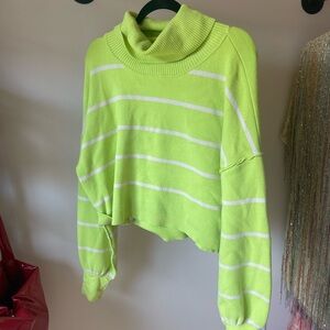 Free People Neon Green Striped Turtleneck Sweater